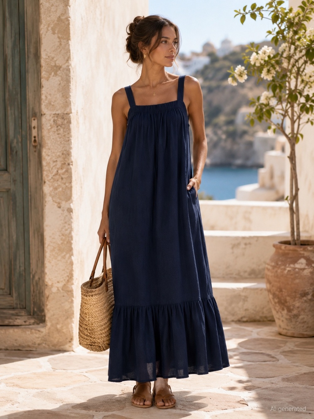 LDT Blair Maxi Dress Size 2 Navy Blue Coastal Resort Quiet Luxury Sundress